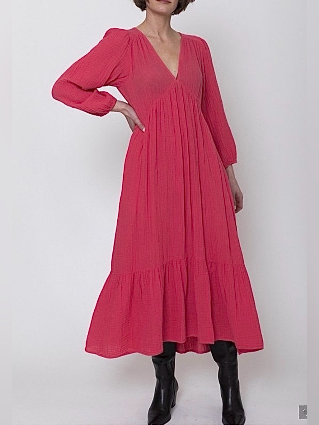 Xirena Ella Dress Rose Coral Gauze Cotton Tiered Midi Boho Puff Sleeve Size Xs